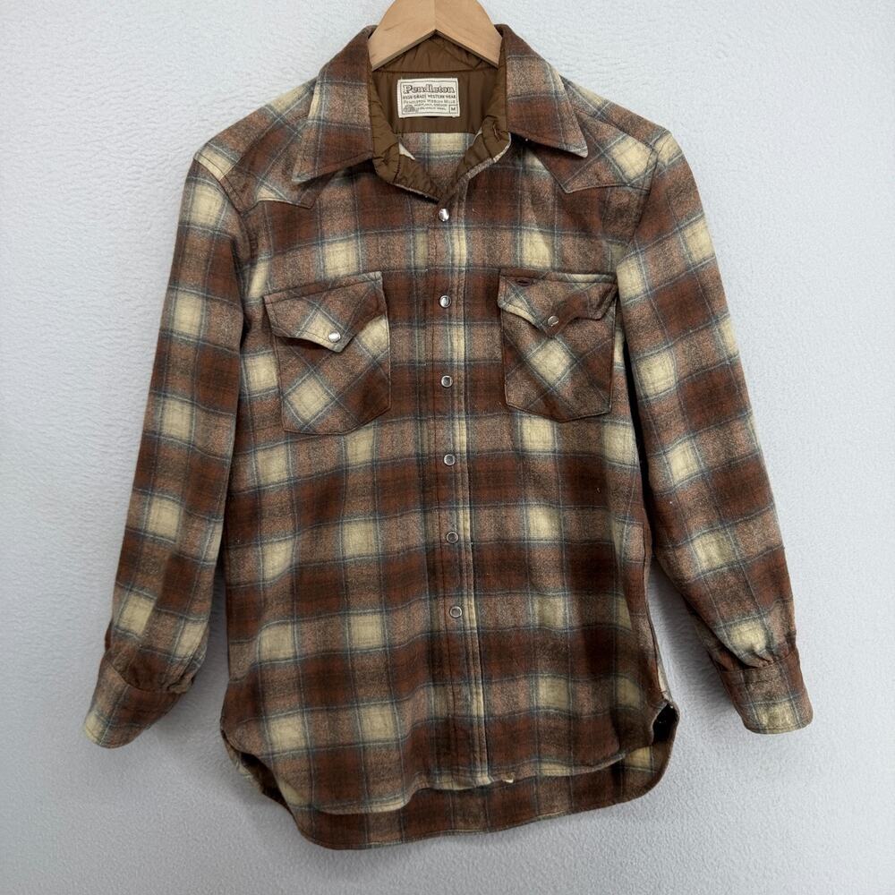 PENDLETON Shirt Mens M Virgin Wool Flannel Plaid High Grade Western Wear Brown